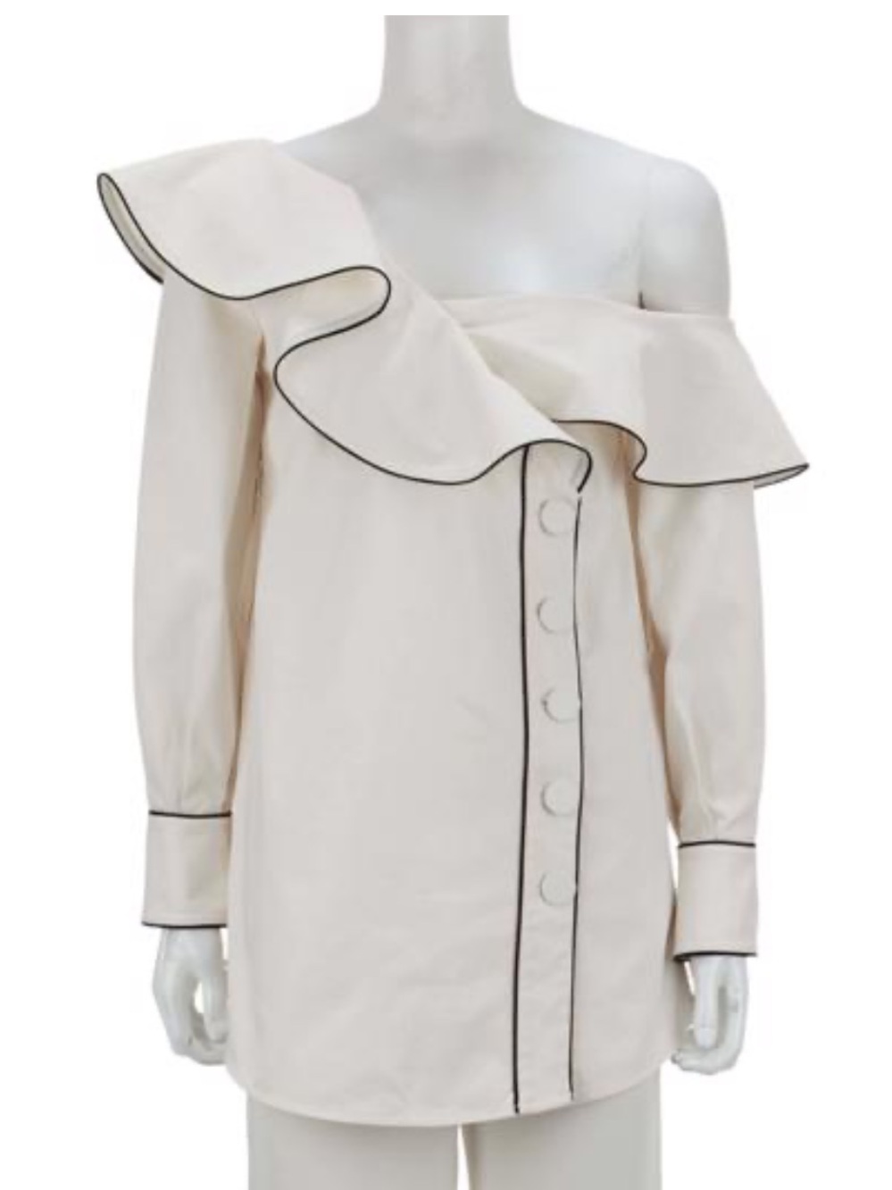 Self-Portrait Cream Off-Shoulder Ruffle Blouse with Black Piping